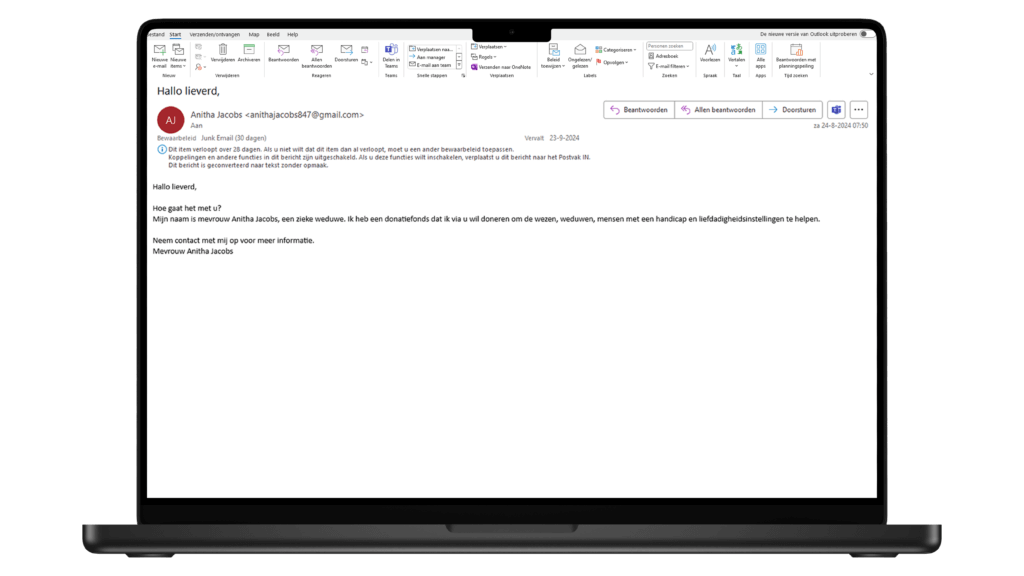 Voorbeeld van een phishingmail afkomstig van Anitha Jacobs