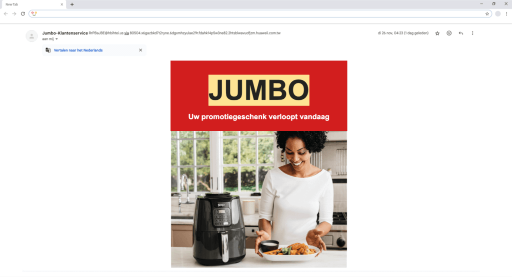 Phishingmail afkomstig van de nep jumbo waarin je een gratis airfryer kunt winnen