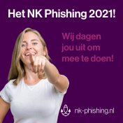 Meisje in een wit t-shirt dat wijst naar de camera, tekst over een uitdaging die jij aan moet gaan: Het NK-phishing