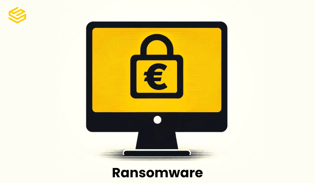 Computer met een geld teken. Bestanden zijn versleuteld tot er is betaald. Ransomware