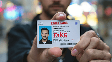 Een man houdt een valse identiteitskaart vast met het woord fake er op