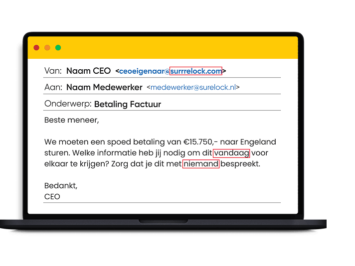 Beeld van een phishing e-mail met een vervalst bericht van een CEO naar een medewerker, waarin gevraagd wordt om een betaling van €15.750 naar Engeland over te maken, met aanwijzingen om het niet met anderen te bespreken.