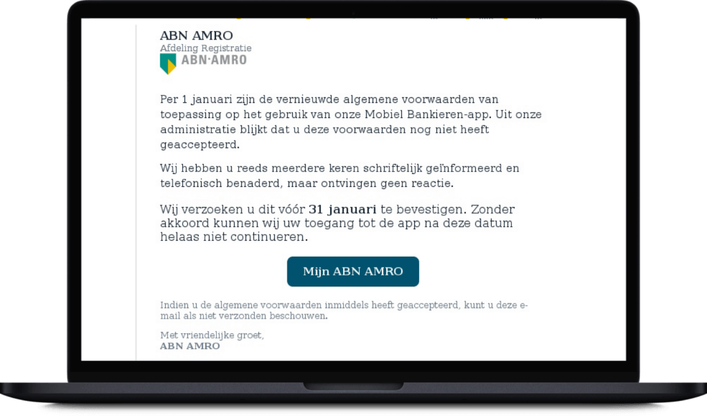 Een phishing e-mail van ABN AMRO te zien op een laptop.