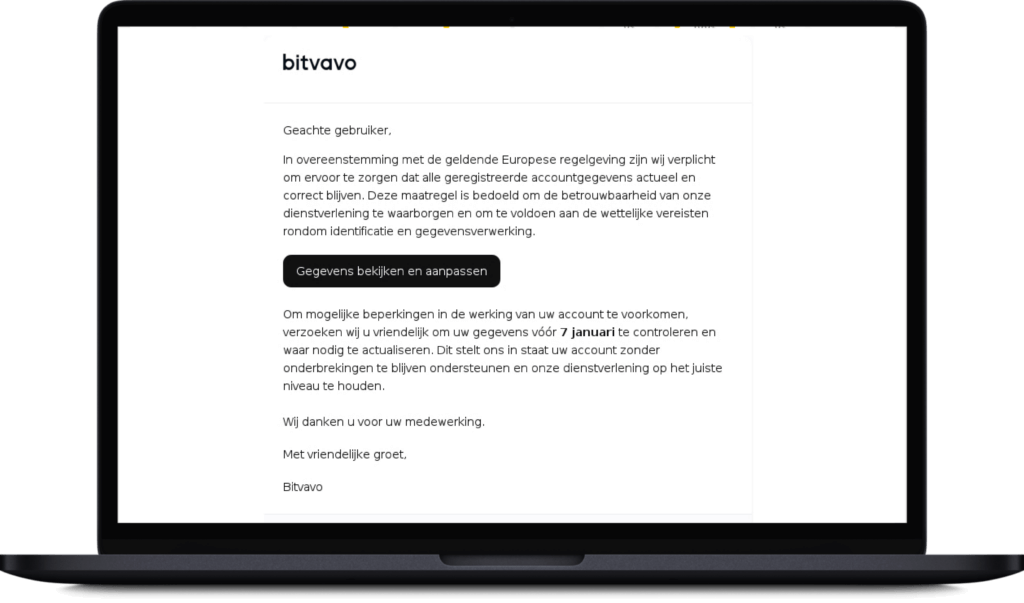 Een phishing e-mail van Bitvavo te zien op een laptop