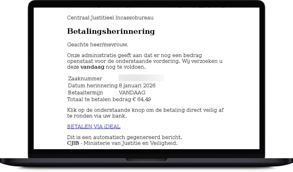 Phishing e-mail van het CJIB te zien op een laptop
