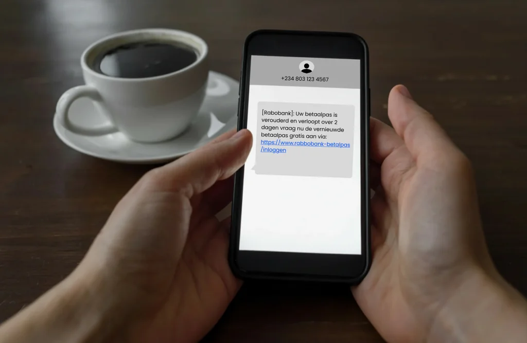 SMS Phishing bericht van Rabobank oplichters op een telefoon met een bakje koffie ernaast